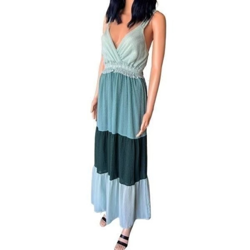 Slate & Willow Maxi Dress Womens M Blue Teal Green Tiered‎ Textured Boho Lined